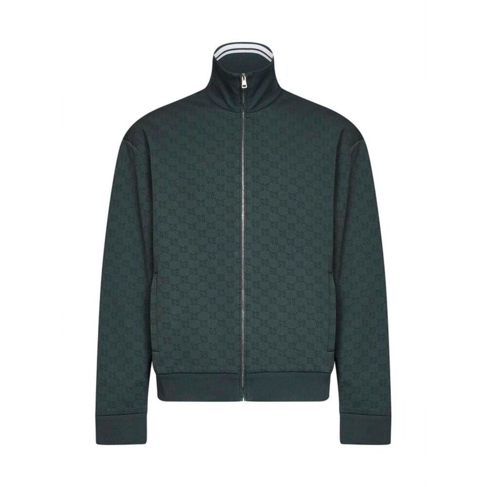 Gucci Men Dark Green Technical Gg Jersey Zipped Tracktop